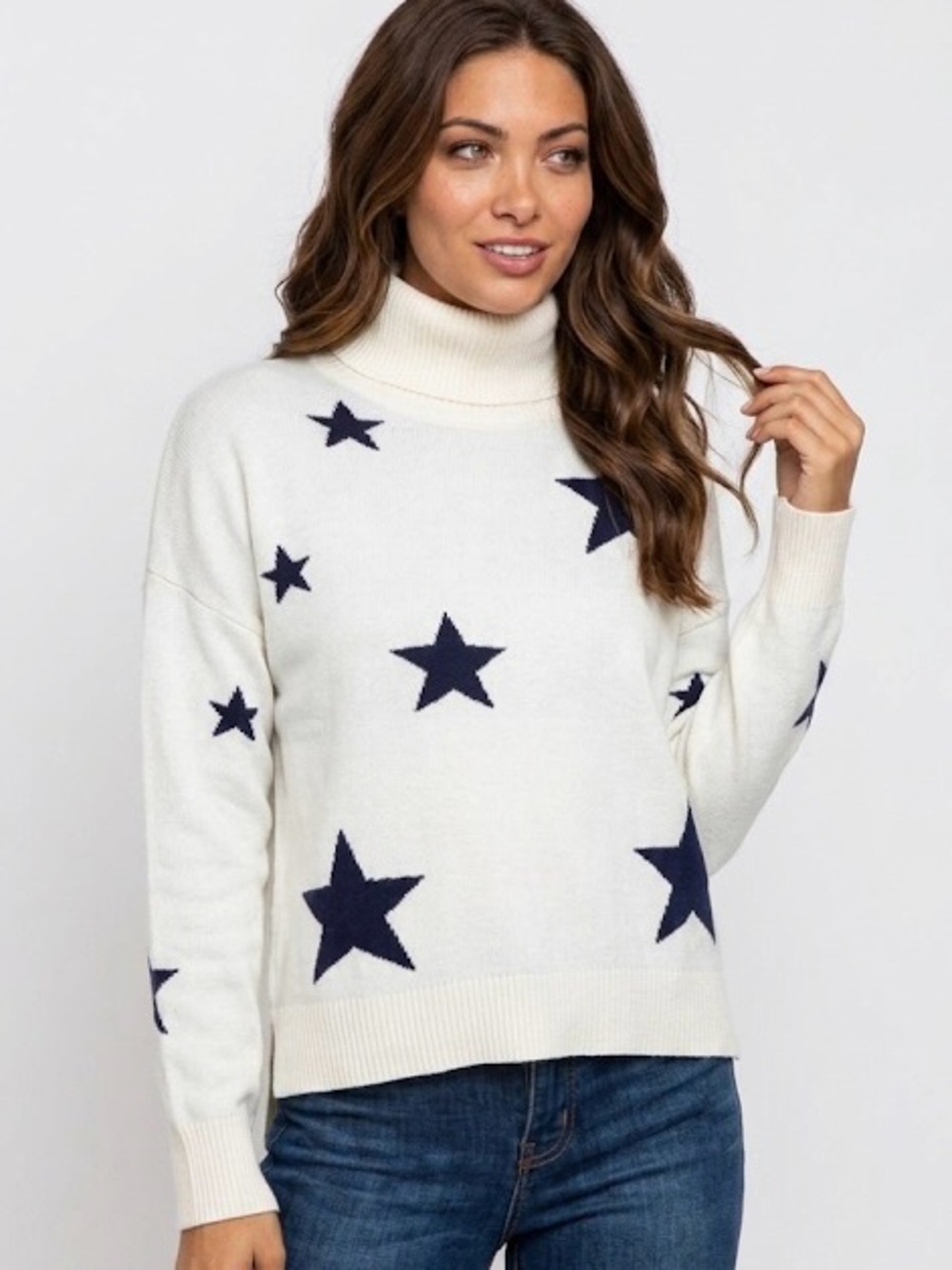 Sweet Romeo Ivory Turtleneck Sweater with Navy Star Accents